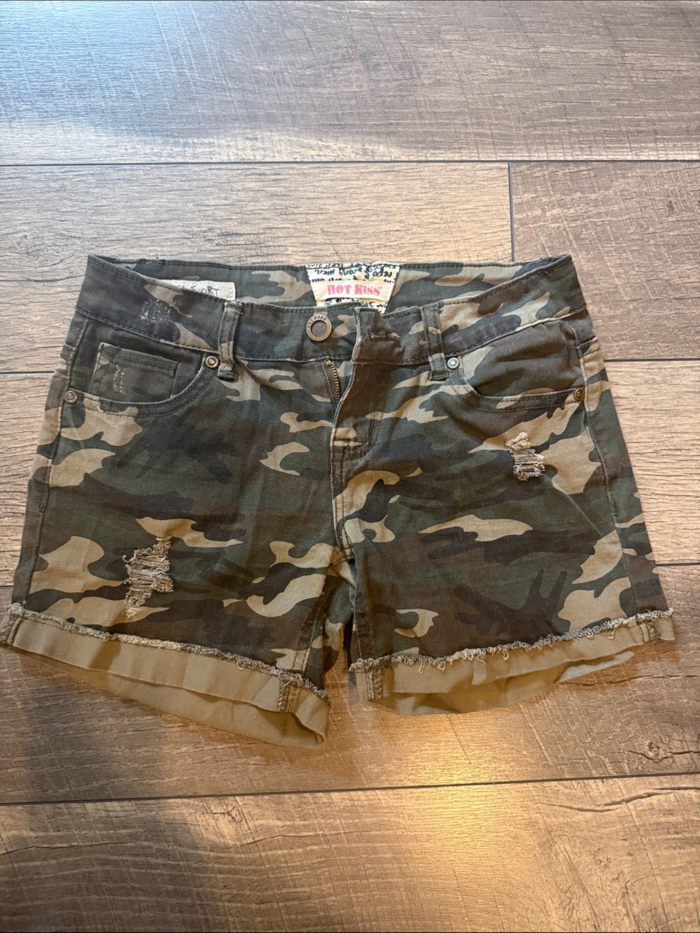 Hot Kiss Camo Distressed Jean Shorts - Green